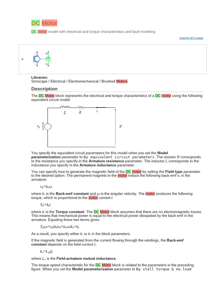 DC Motor Block Overview and Fault Modeling | PDF | Electric Motor ...