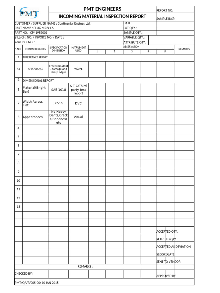 Incoming Material Inspection Report | PDF