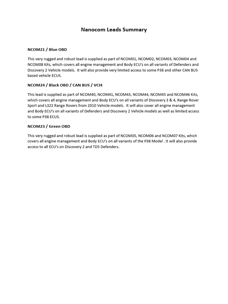 Nanocom Vehicle Lead Summary Guide | PDF