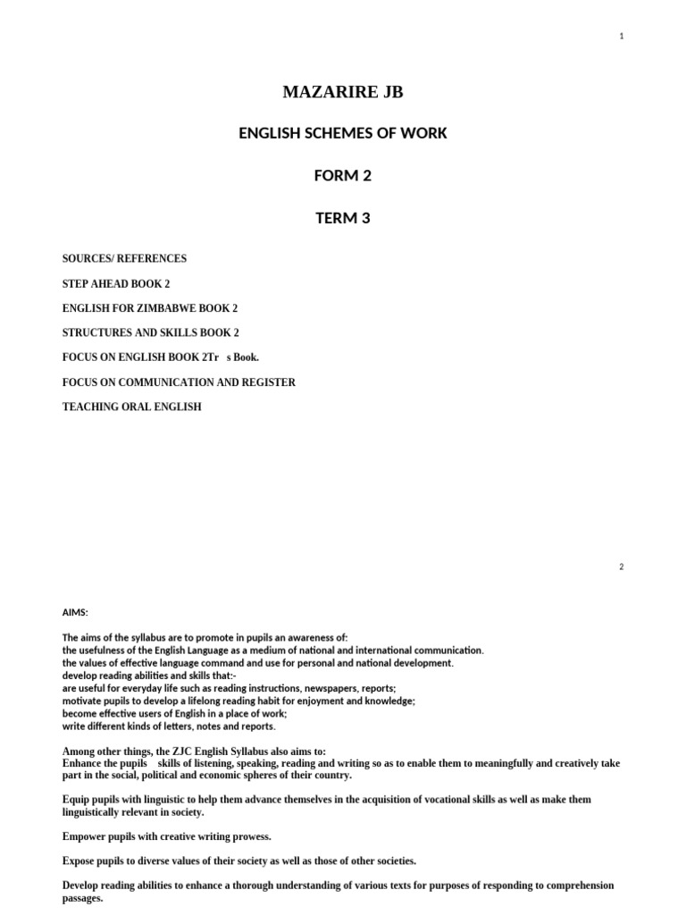 Form 2 English Term 3 Schemes | PDF | English Language | Reading ...