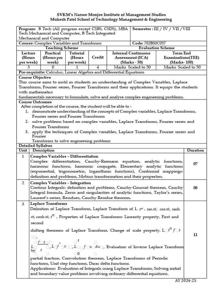 Complex Variables and Transforms Course | PDF | Fourier Series ...