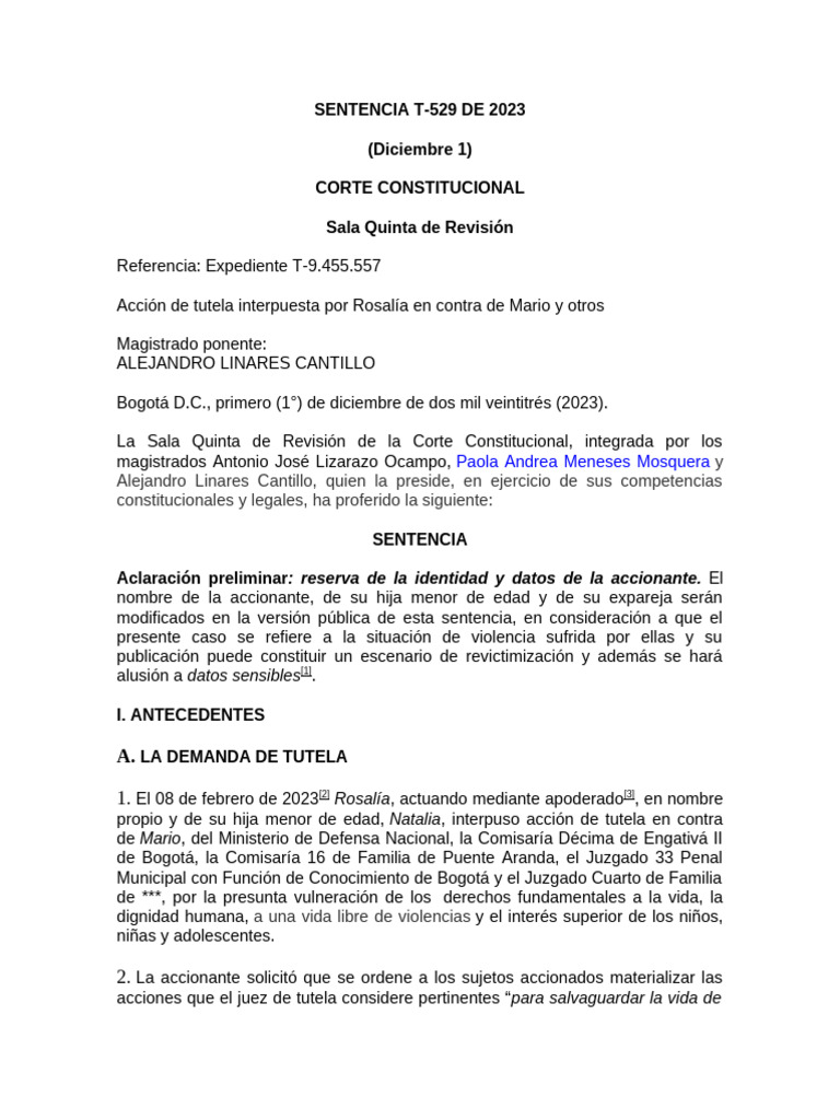 SENTENCIA T-529 DE 2023 (Diciembre 1) Corte Constitucional Sala Quinta