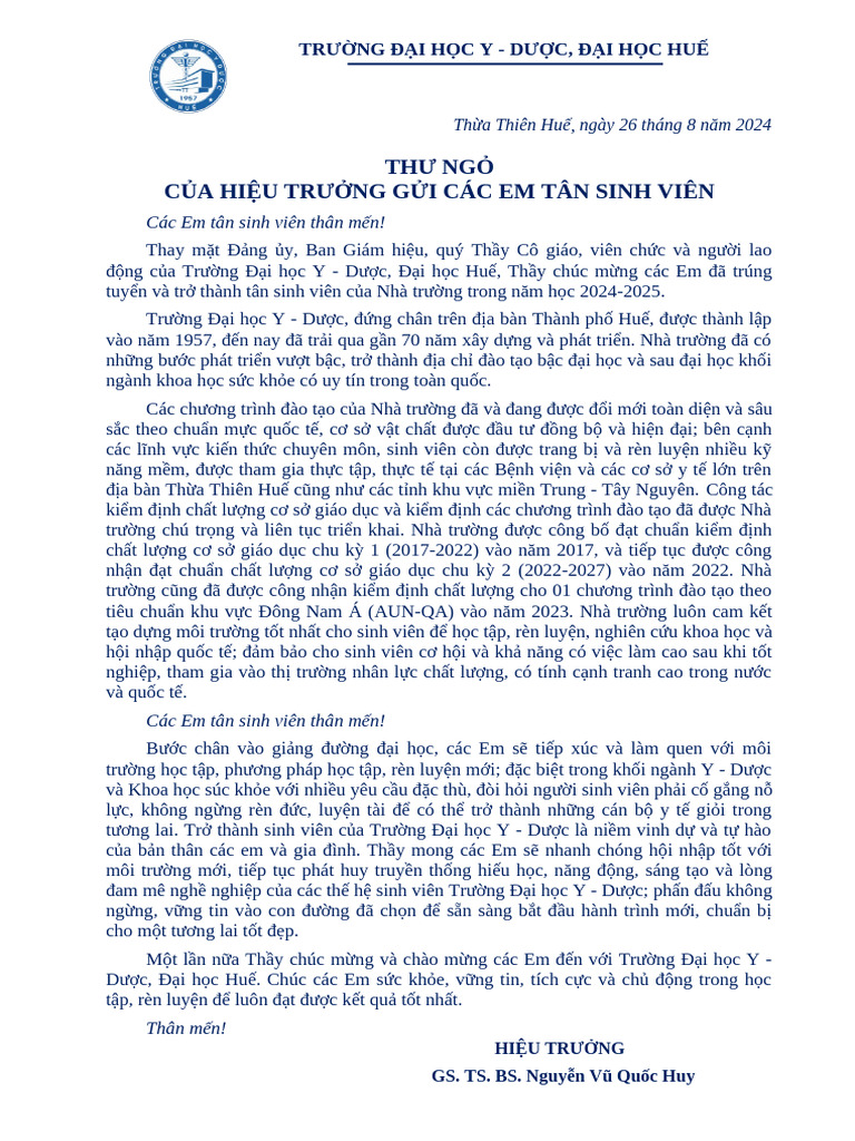 Thu Cua Hieu Truong Gui Tan Sinh Vien Nam Hoc 2024-2025 | PDF