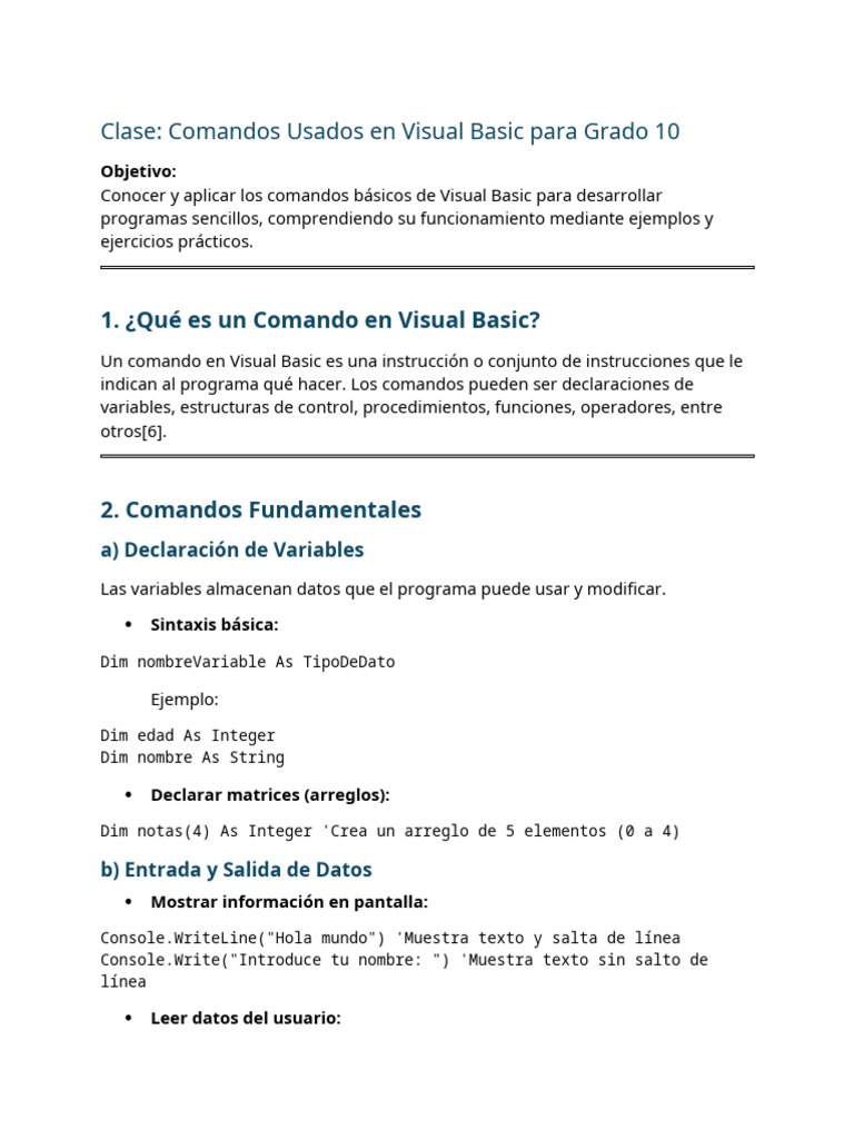 Comandos Básicos de Visual Basic para 10º | PDF | Básico | Programa de ...