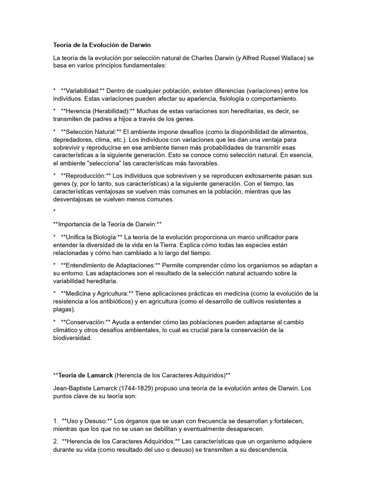 Teoría de la Evolución: Darwin y Lamarck | PDF | Evolución | Seleccion ...