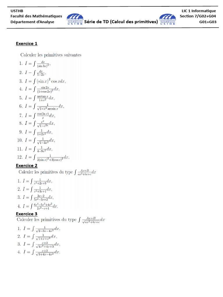 TD sur le Calcul des Primitives | PDF