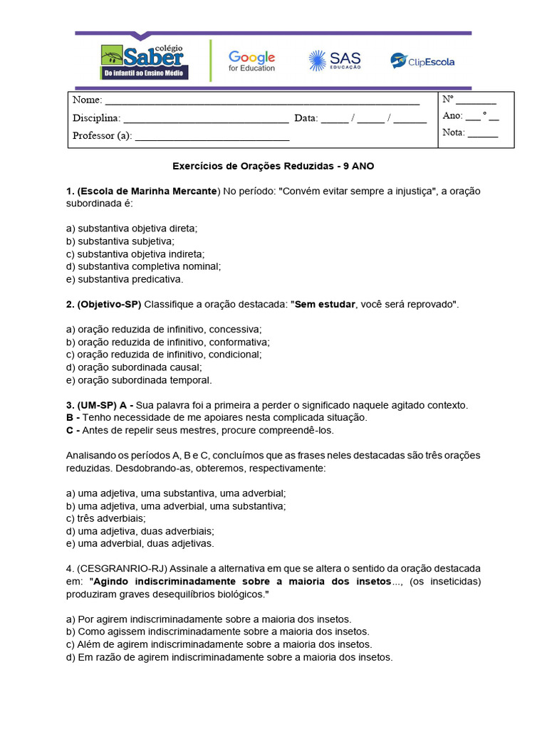 Exercícios de Orações Reduzidas - 9º Ano | PDF | Famílias linguísticas