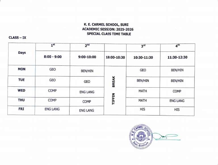 Class IX Special Timetable 2025-2026 | PDF