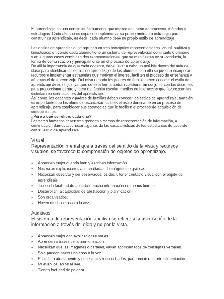 Estilos de Aprendizaje: Visual, Auditivo y Kinestésico | PDF ...