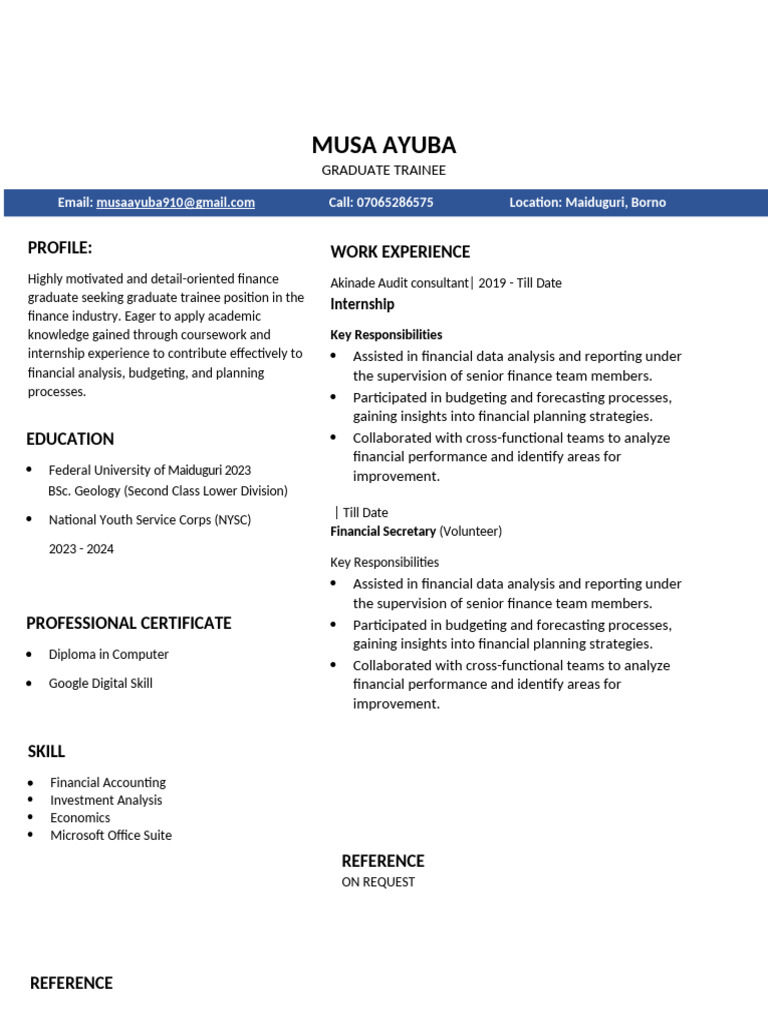 Musa Ayuba's Finance Internship CV | PDF