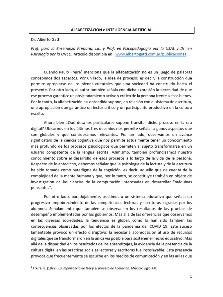 ALFABETIZACIÓN e INTELIGENCIA ARTIFICAIL. Gatti, A (2024) | PDF ...