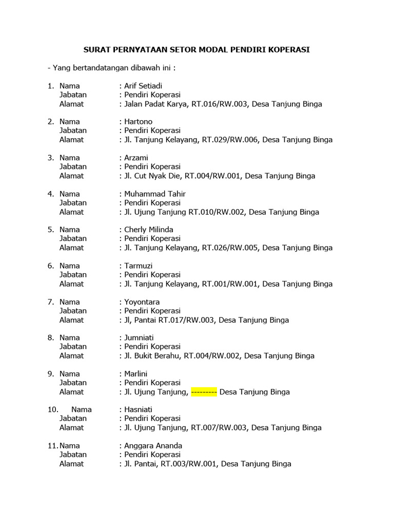 Draft Surat Pernyataan Setor Modal | PDF