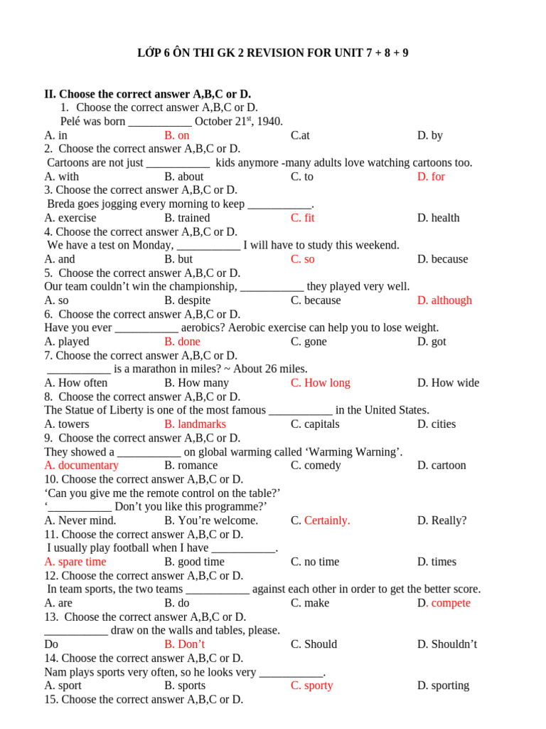 Azota On Tap Lop 6 Unit 789 | PDF