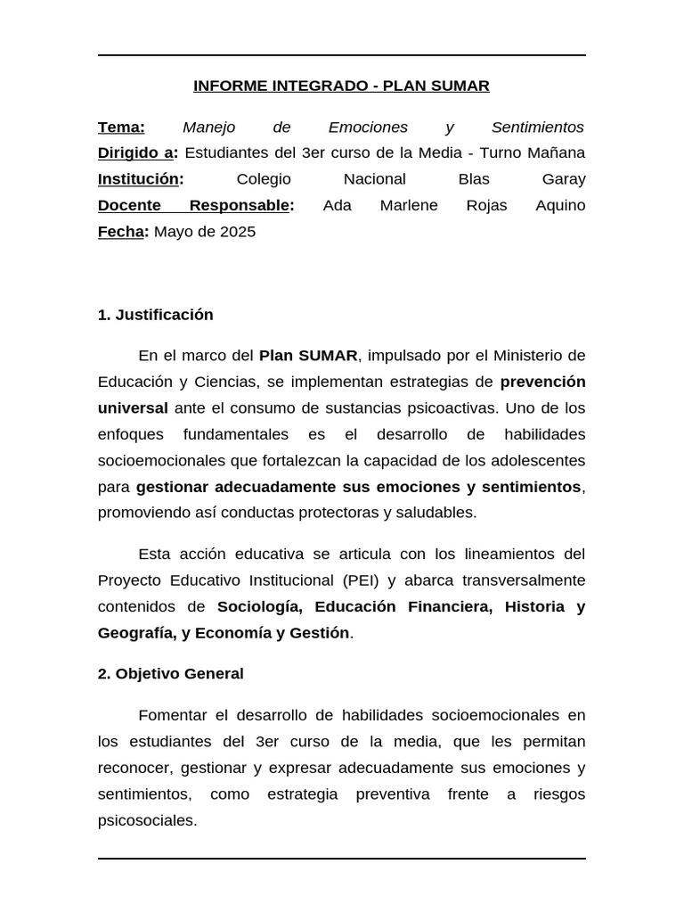 Proyecto Plan SUMAR: Manejo Emocional | PDF | Las emociones | Empatía