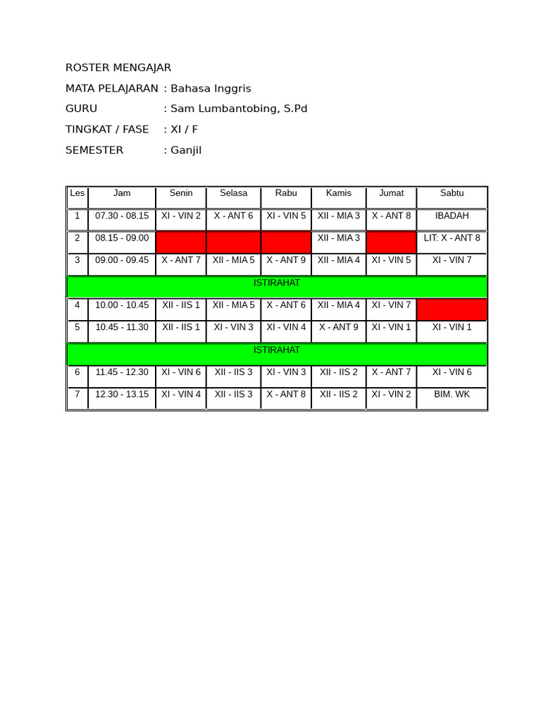 Roster Mengajar Fix | PDF