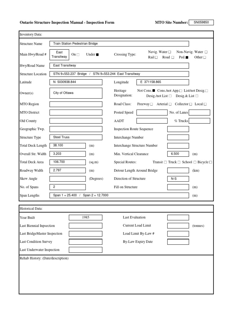 Ontario Structure Inspection Form | PDF | Bridge | Civil Engineering