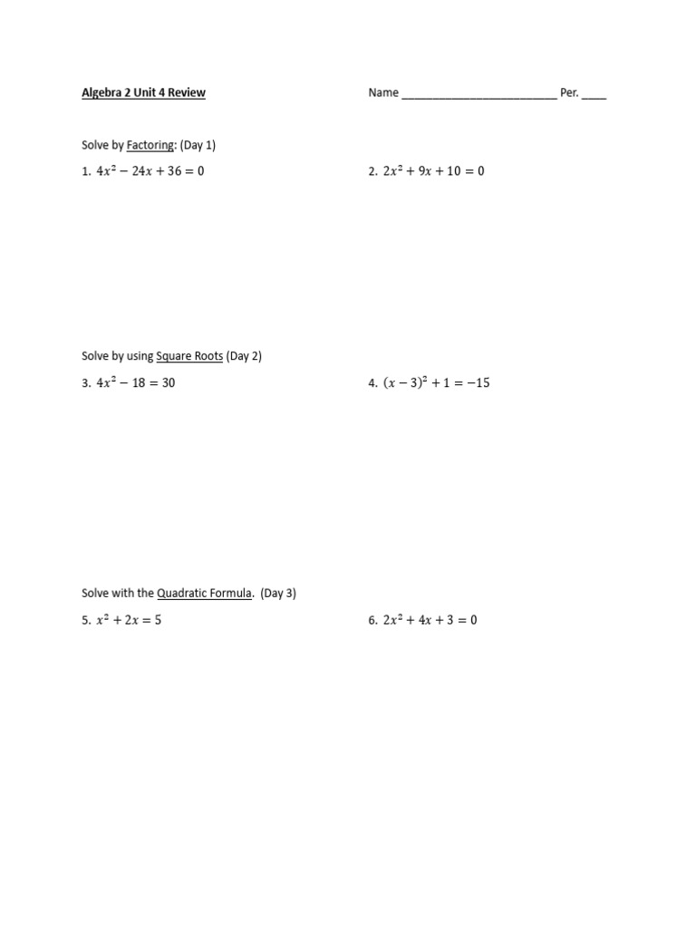 Algebra 2 Unit 4 Quadratics Review | PDF | Quadratic Equation ...