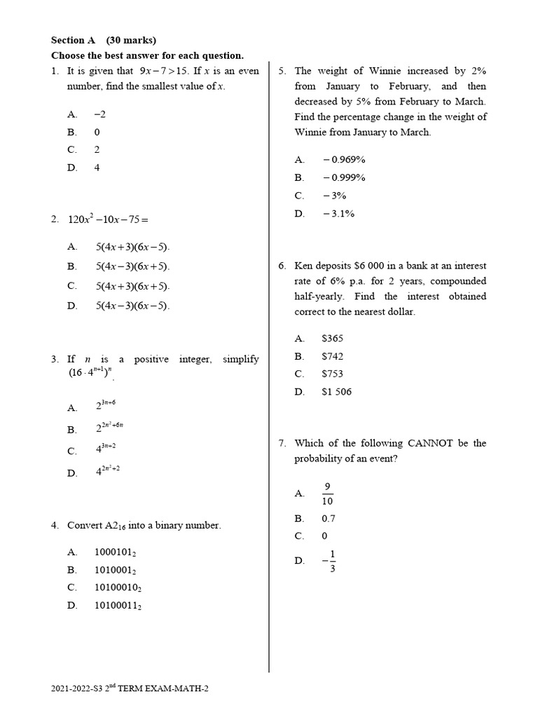 2021 2022 s3 2nd Term Exam Math | PDF | Elementary Geometry | Euclidean ...