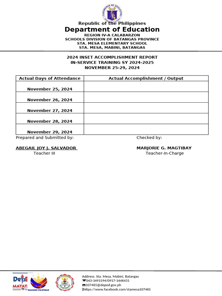 Sta. Mesa Elementary School 2024 INSET Report | PDF