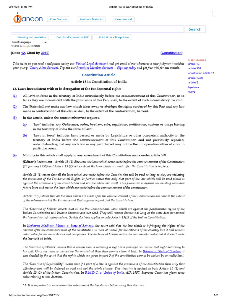 Article 13: Laws and Fundamental Rights | PDF | Political Charters ...