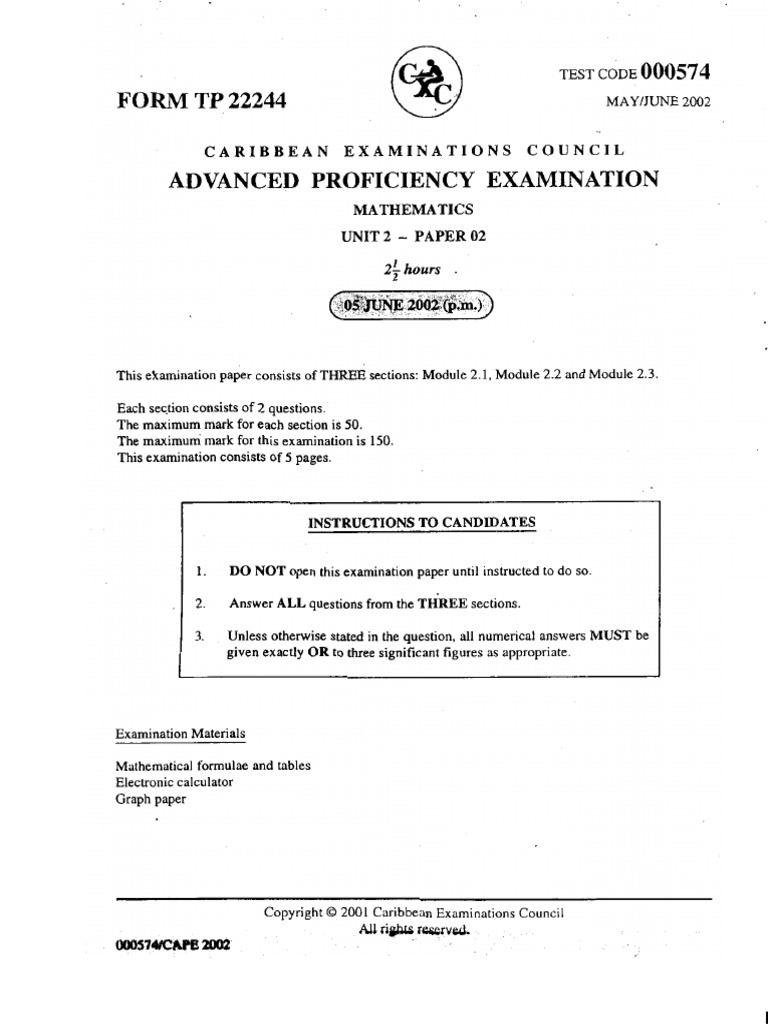 CAPE Mathematics Exam Paper 2002 | PDF | Mathematics | Applied Mathematics