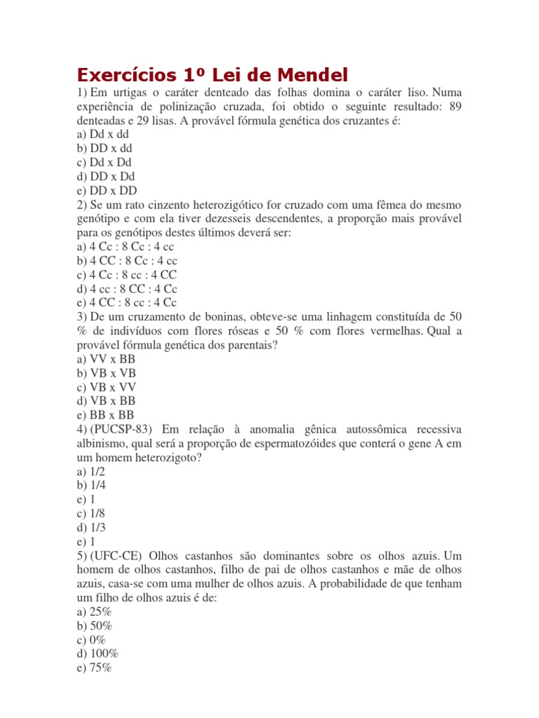 Exercícios 1º Lei de Mendel I | PDF | Dominância (genética) | Genética