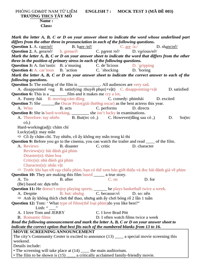 English 7 Mock Test 3 | PDF | Charlie Chaplin