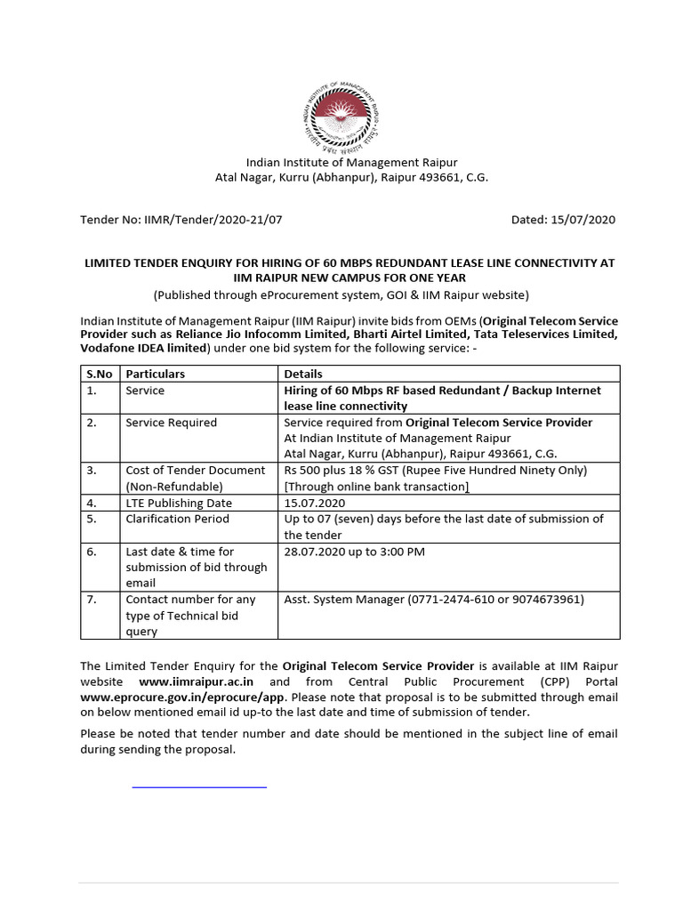 IIM Raipur Tender for 60 Mbps Internet | PDF | Computer Network ...