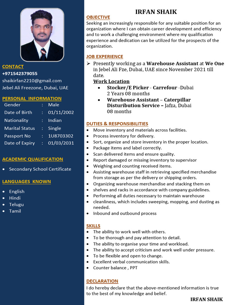 Warehouse Assistant Resume - Dubai | PDF | Warehouse | Inventory
