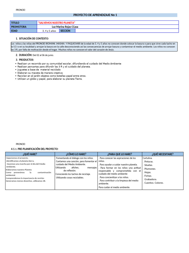 Proyecto de Aprendizaje N 1 Ok Del 05 de Junio Al 09 de Junio Luz | PDF ...