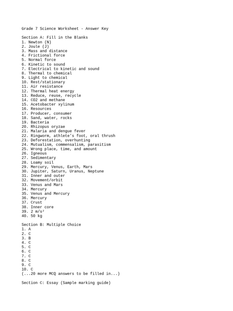 Grade 7 Science Answer Key | PDF