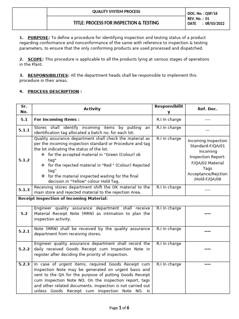 (QSP-16) Process For Inspection & Testing | PDF | Quality Assurance
