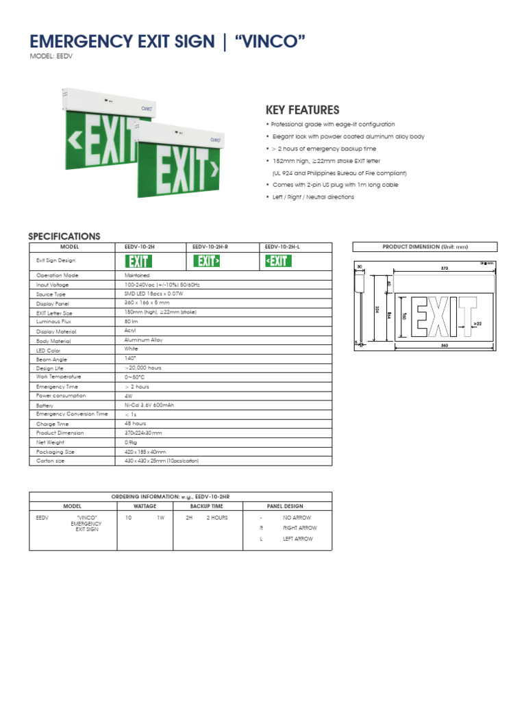 Vinco EEDV Emergency Exit Sign Specs | PDF | Electrical Engineering ...