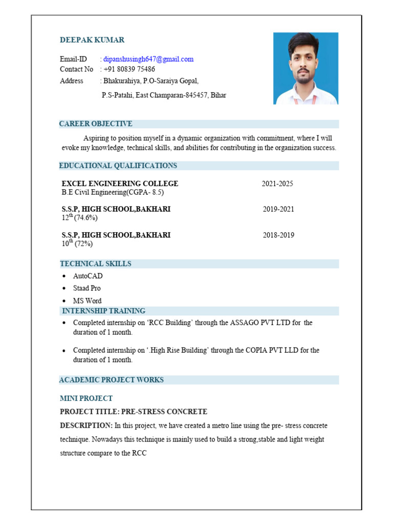 Civil Engineering Resume of Deepak Kumar | PDF