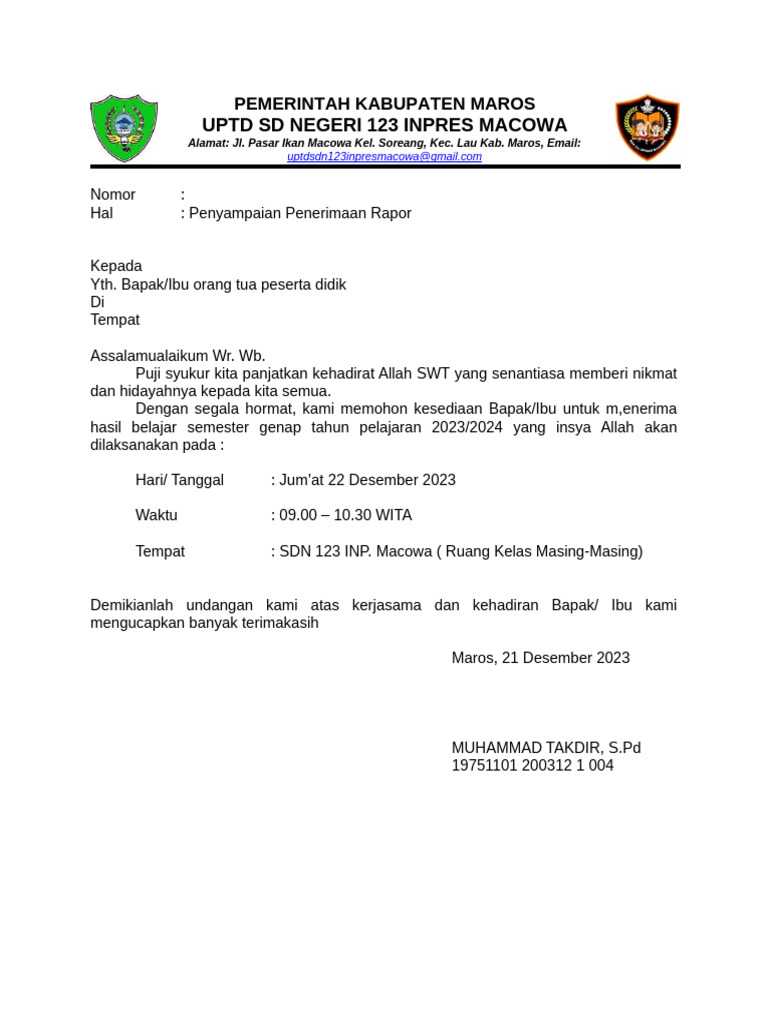 Undangan Penerimaan Rapor SDN 123 | PDF