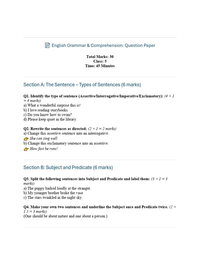 Class 5 English Grammar Question Paper | PDF | Sentence (Linguistics ...