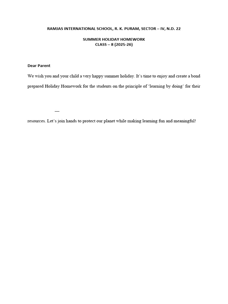 Summer Holiday Homework Class 8 2025-26 | PDF