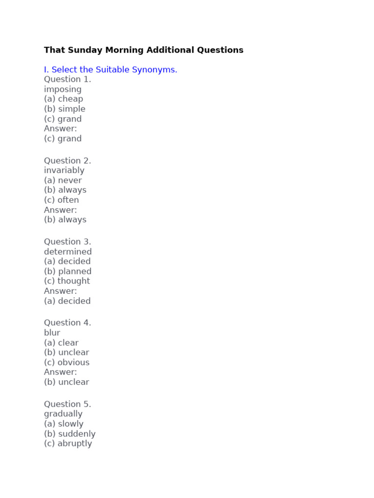 That Sunday Morning Additional Questions Unit 2 | PDF