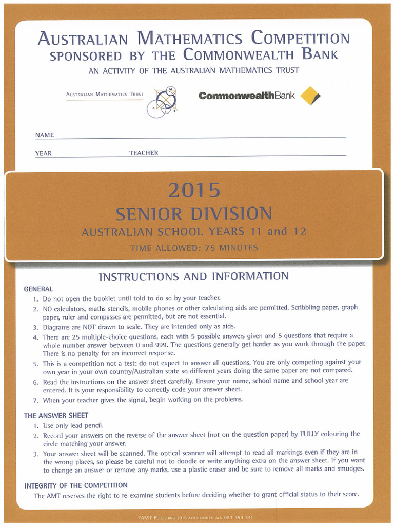 2015 Australian Mathematics Competition AMC Senior Years 11 and 12 | PDF
