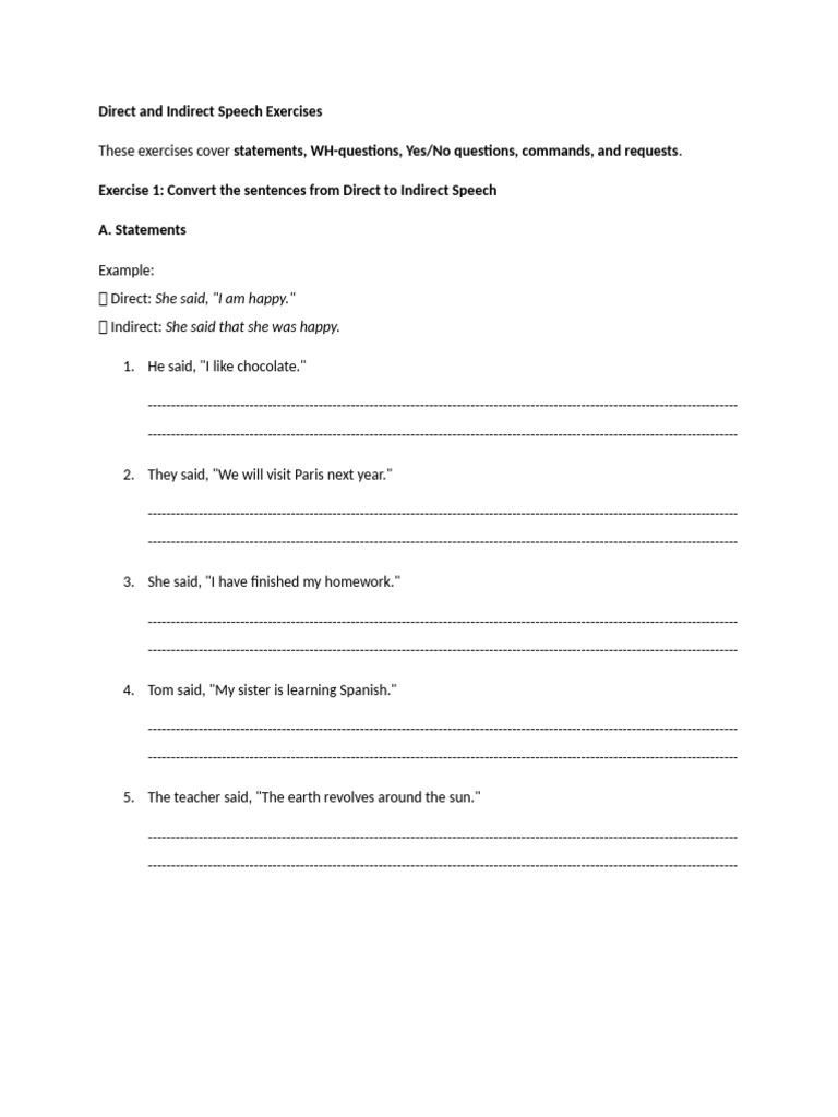 Direct and Indirect Speech Exercises FN | PDF | Question | Chess Openings