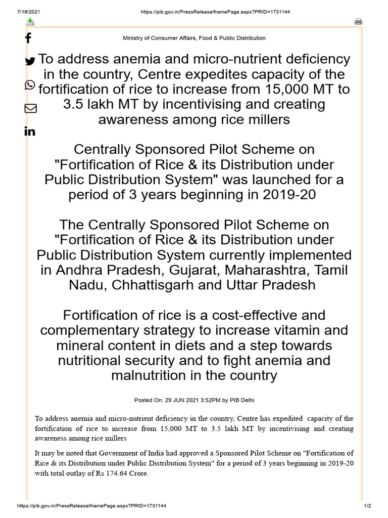 Fortified Rice Initiative in India | PDF | Economy Of India | Malnutrition