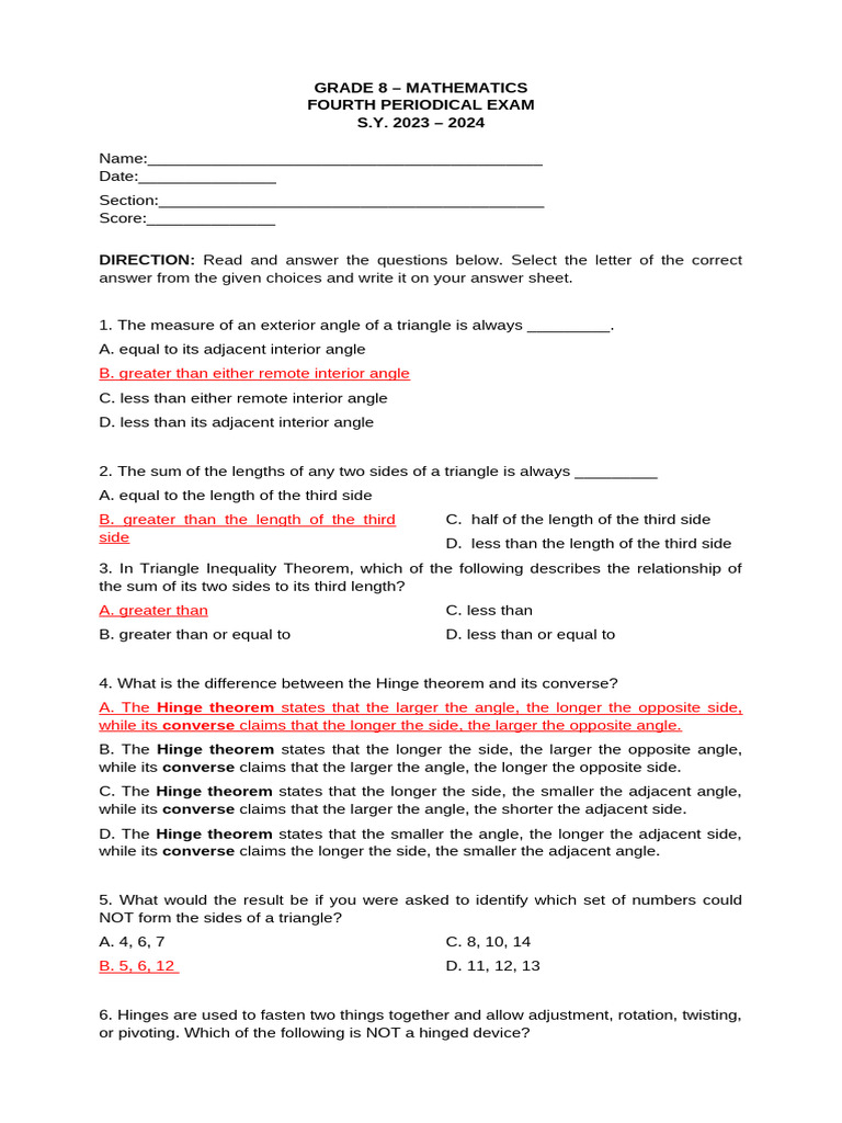 Grade 8 Math Periodical Exam 2023-2024 | PDF | Triangle | Perpendicular