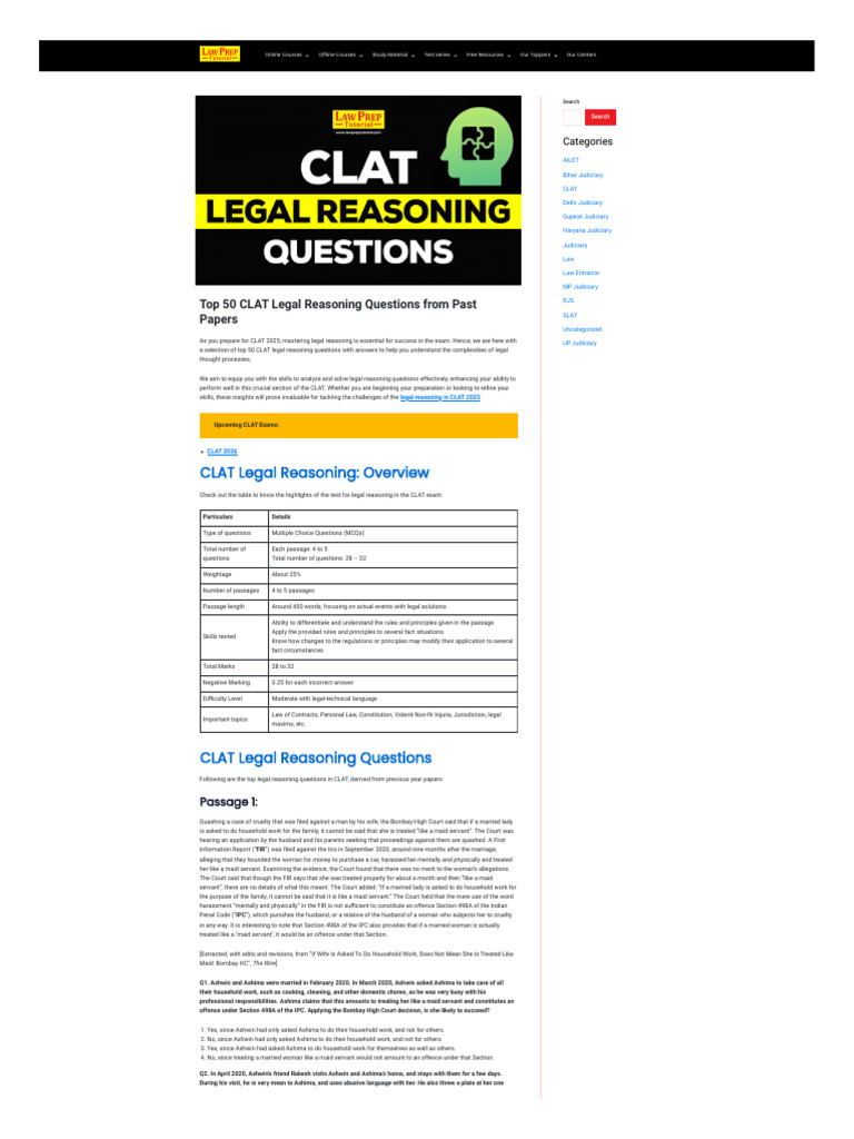 Top 50 CLAT Legal Reasoning Questions | PDF | Surrogacy | Arrest