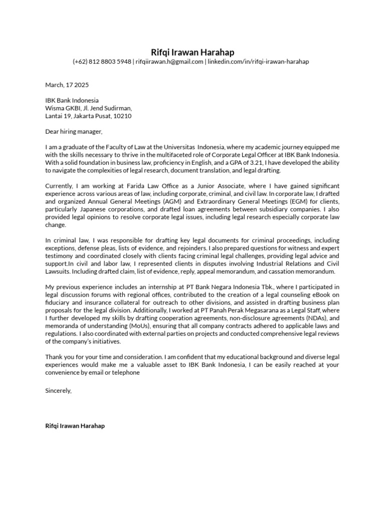 Cover Letter-Rifqi Irawan-IBK Bank Indonesia | PDF | Common Law | Justice