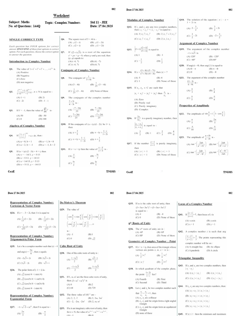 Worksheet: Subject: Maths No. of Questions: 144Q Topic: Complex Numbers ...