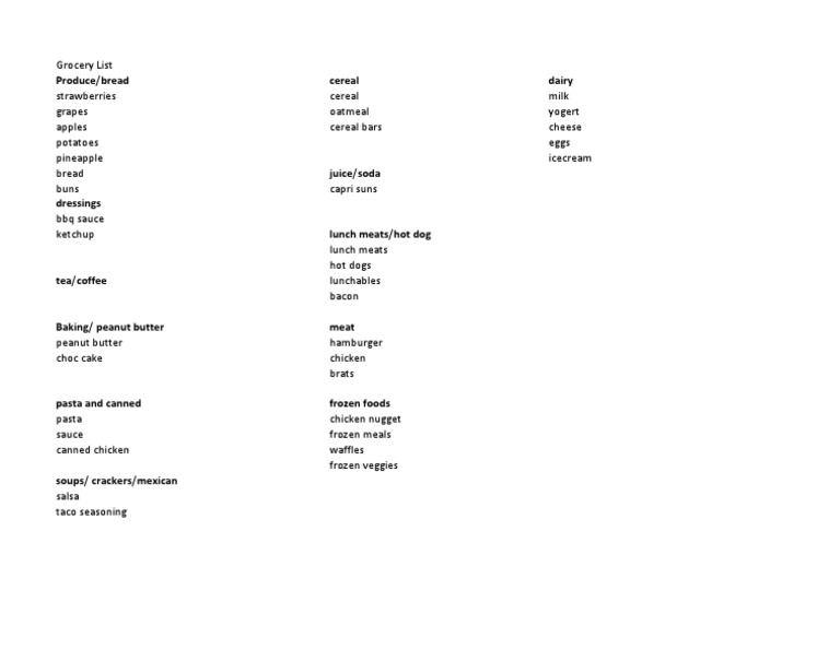 Grocery list pdf