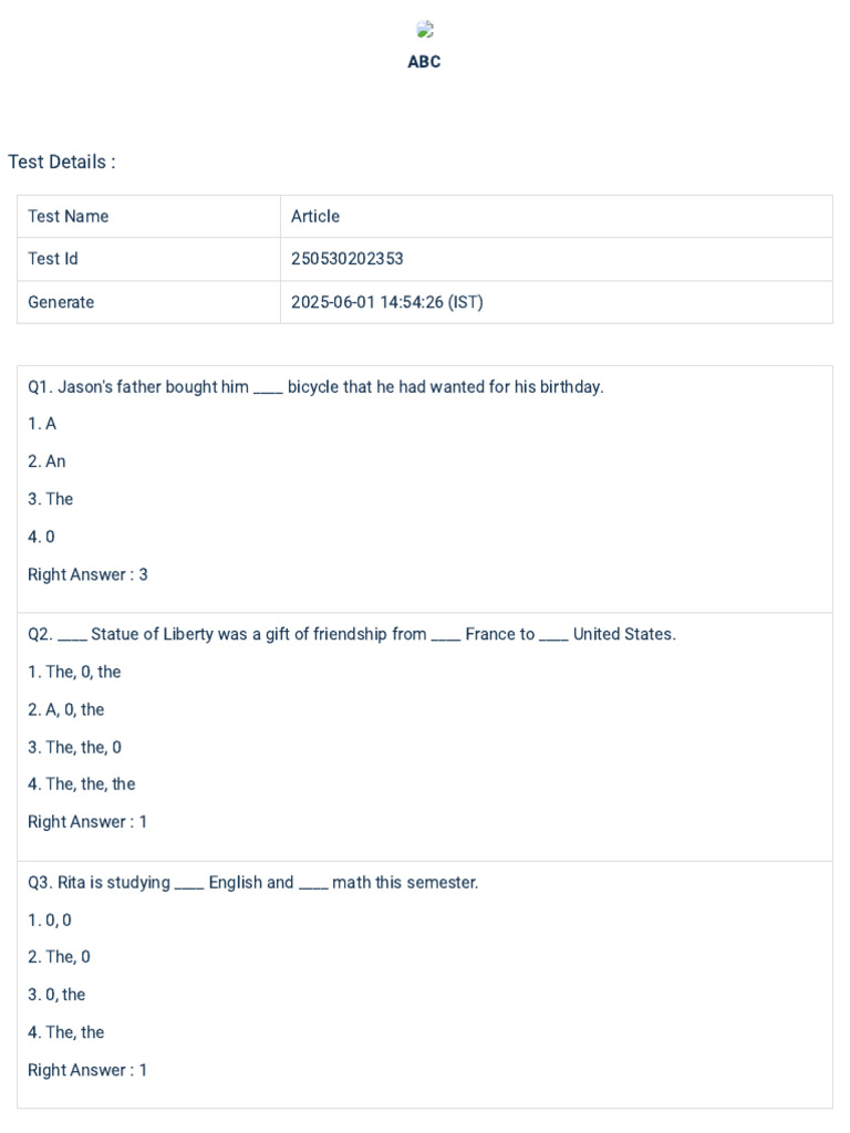 English Grammar Test Questions and Answers | PDF