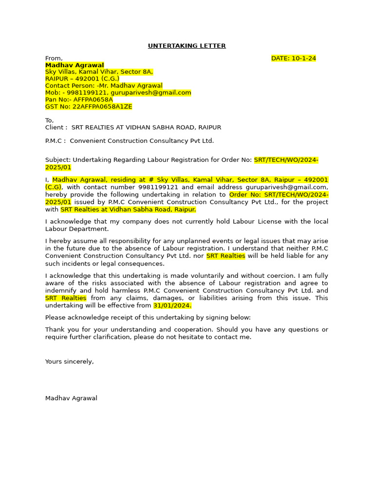 Untertaking Letter Labor | PDF