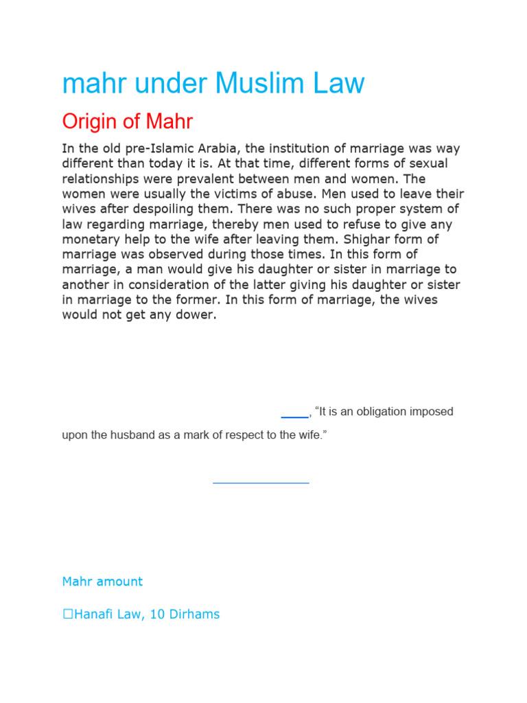Mahr Under Muslim Law | PDF | Marriage | Wife