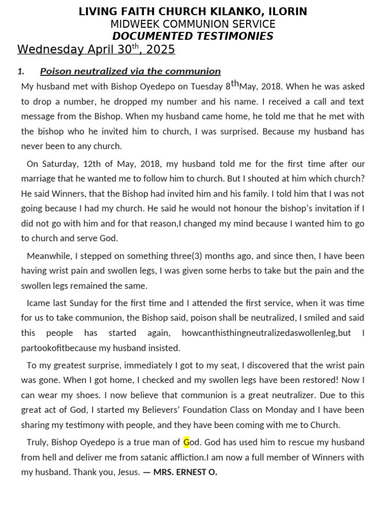 Documented Testimonies at Winners Chapel | PDF | Miracle | Theology
